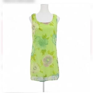Vintage Green Floral Chiffon Shift Dress Y2K Sleeveless Lined Small